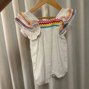 White Ruffled Baby Romper with Rainbow Trim
